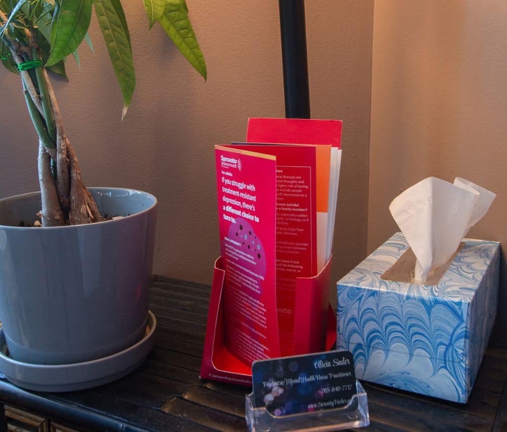 table with flyers and napkins